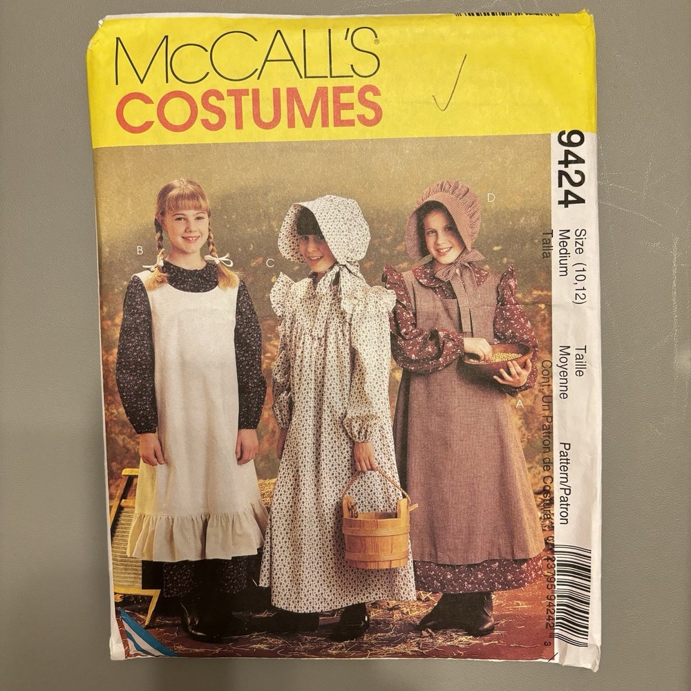 McCall's 9424 Pattern Prairie Girl Costumes Dress Pinafore Bonnet Size 10 12